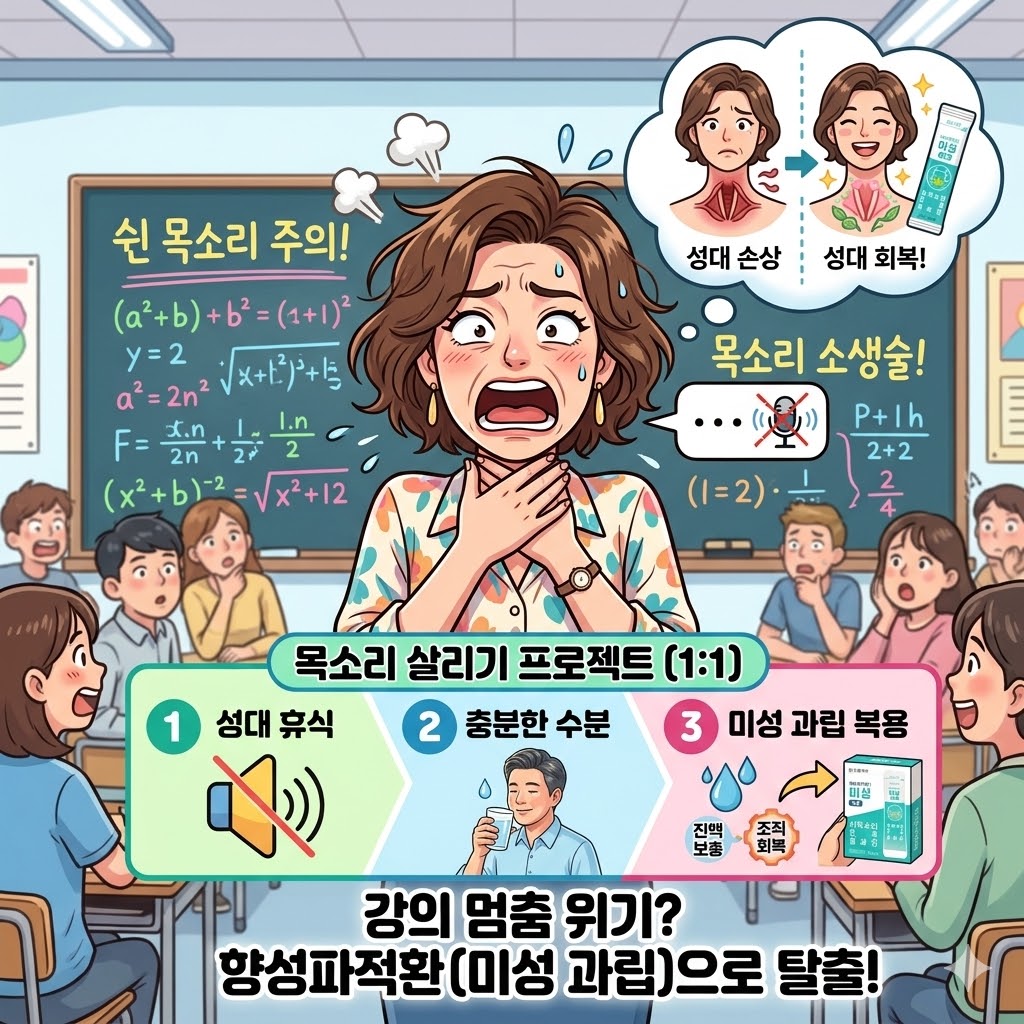 열띤 강의 중 갑자기 목이 쉬어 당황하는 학원 강사의 모습과, 향성파적환(미성과립)을 통한 목소리 회복 과정을 유쾌하게 표현한 일러스트