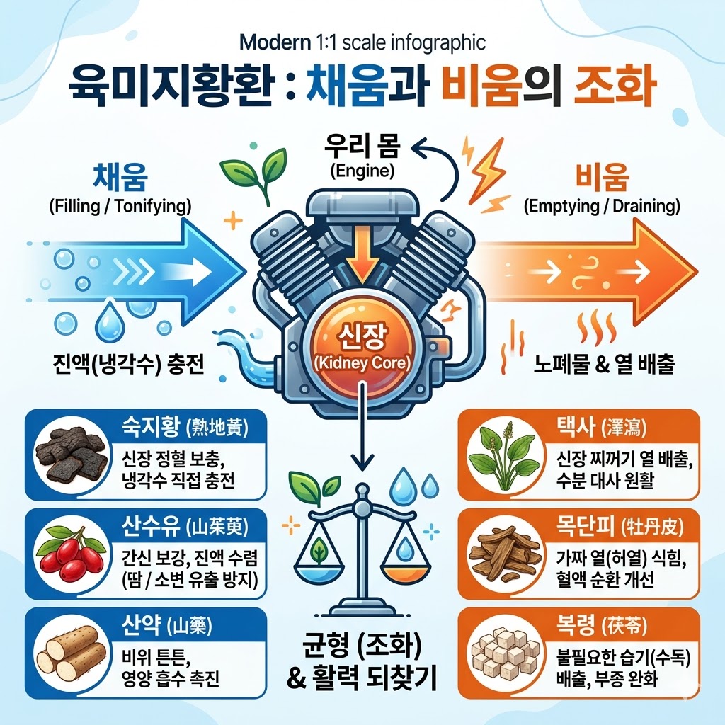 육미지황환의 6가지 약재와 '채움'과 '비움'의 조화로운 작용 원리를 설명하는 인포그래픽